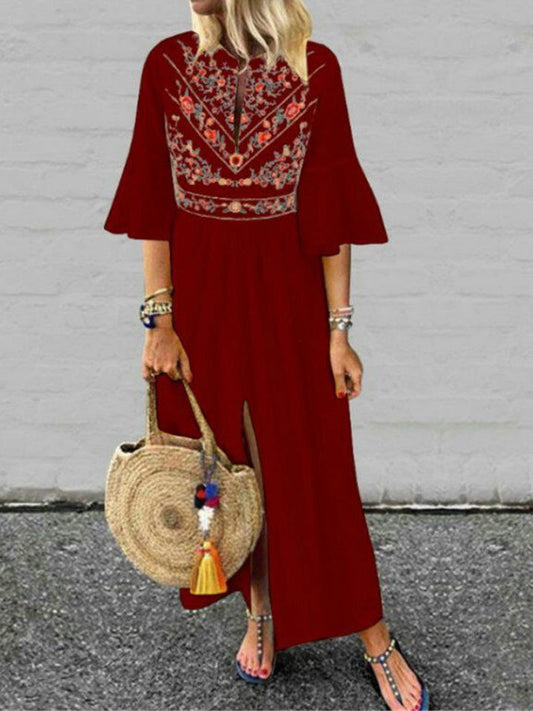 Out-Shine | Women's Loose Vintage Print Dress With Mid - Length Sleeves