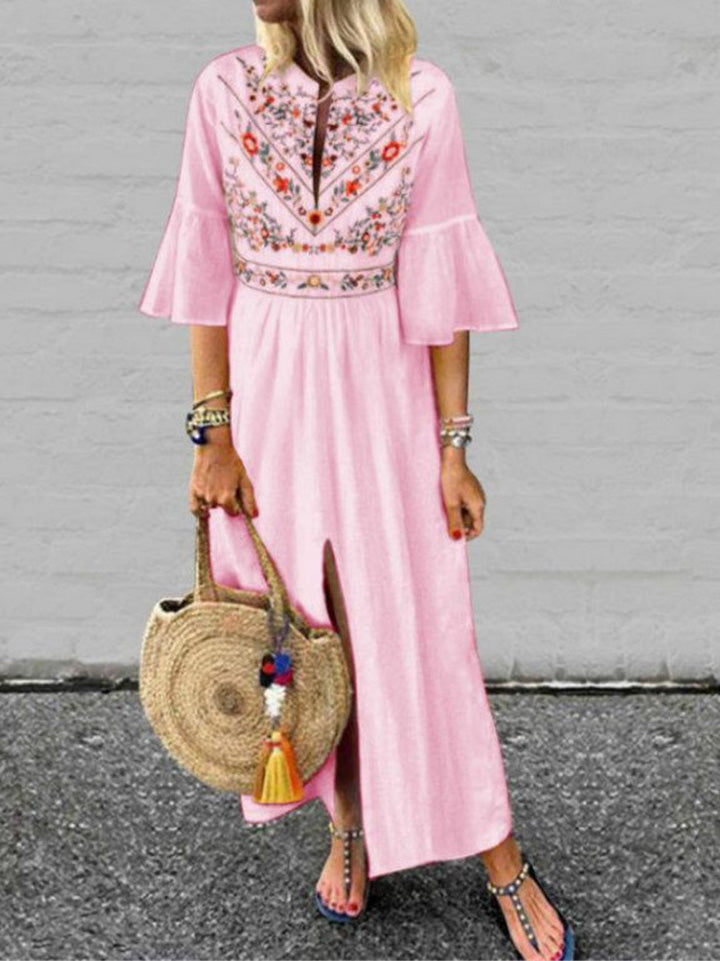 Out-Shine | Women's Loose Vintage Print Dress With Mid - Length Sleeves