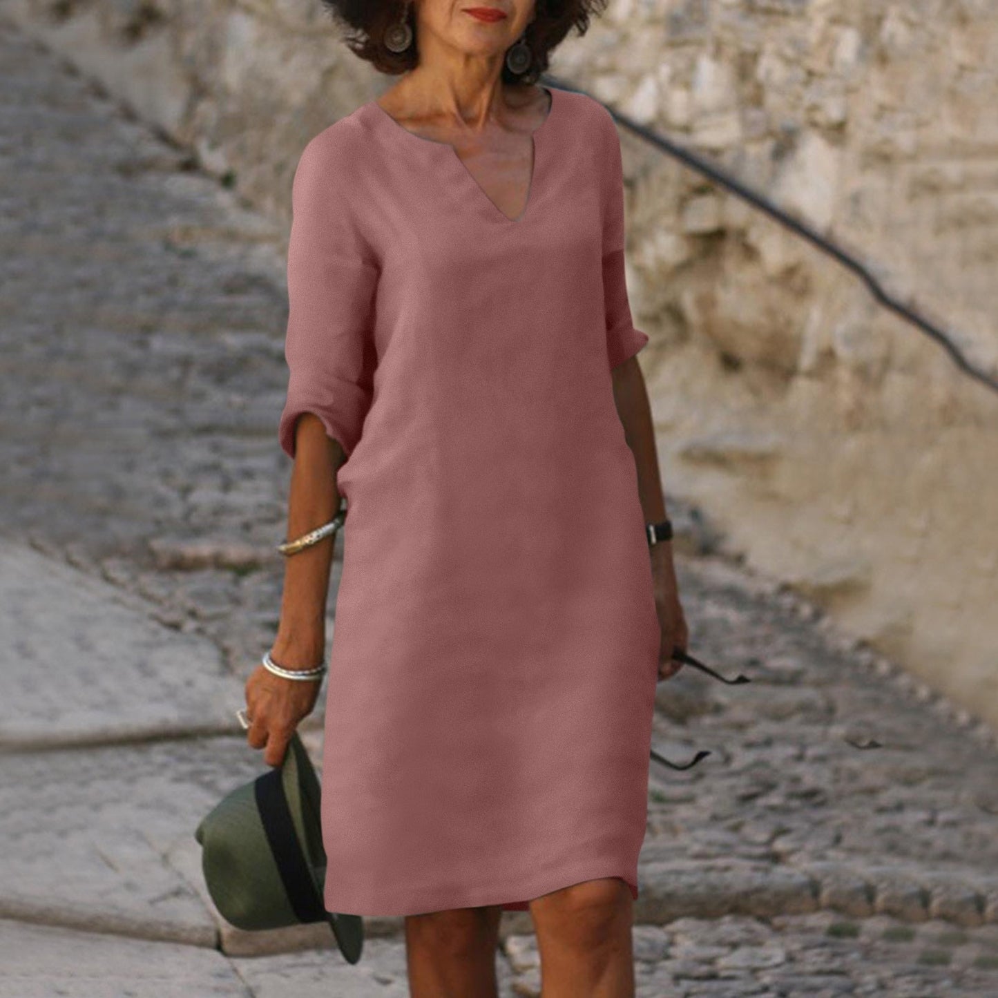 Out-Shine | Black linen summer dress with V neckline