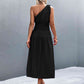 Out-Shine | Asymmetrical One Shoulder Smocked Waist Midi Dress