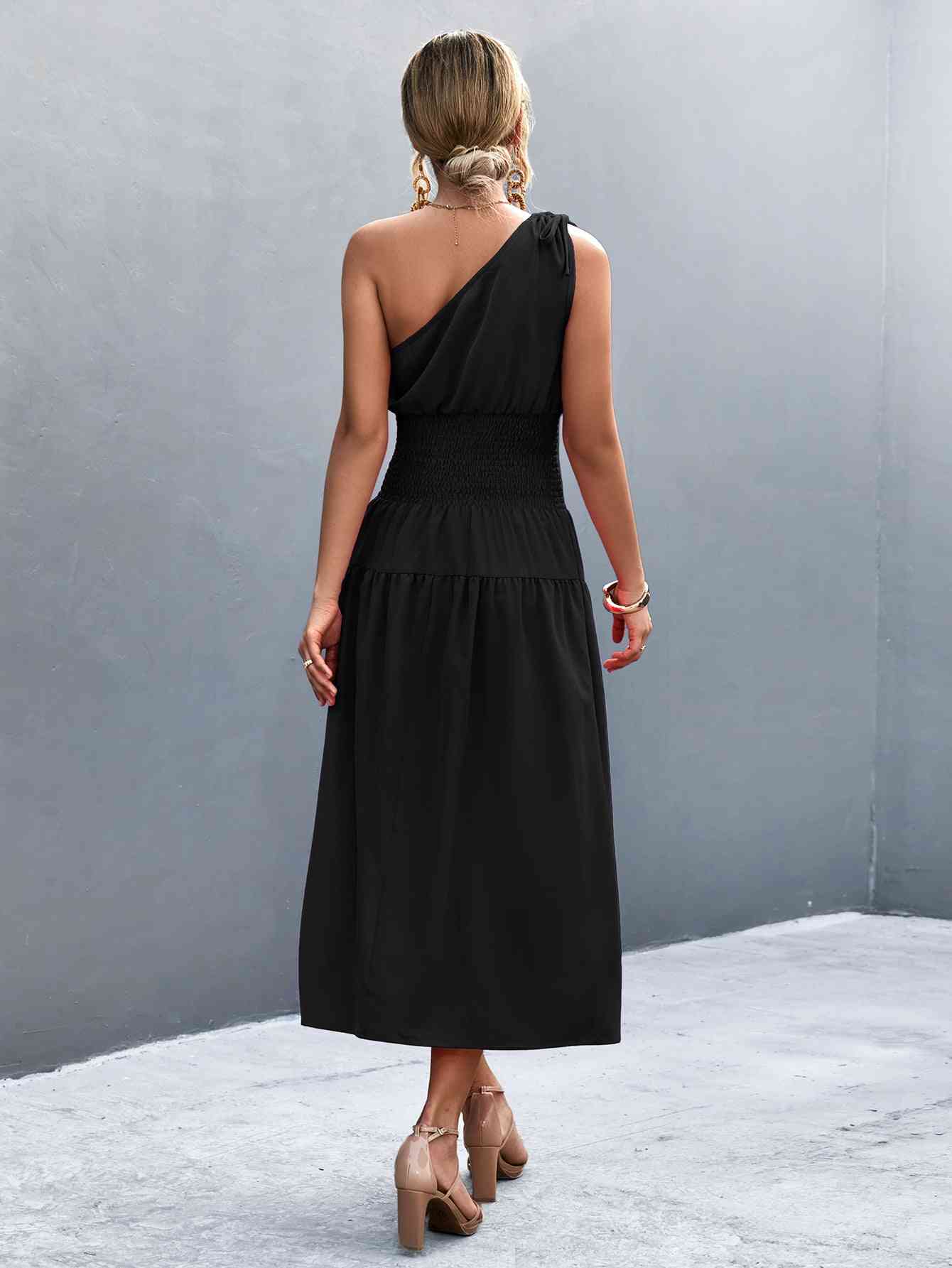 Out-Shine | Asymmetrical One Shoulder Smocked Waist Midi Dress