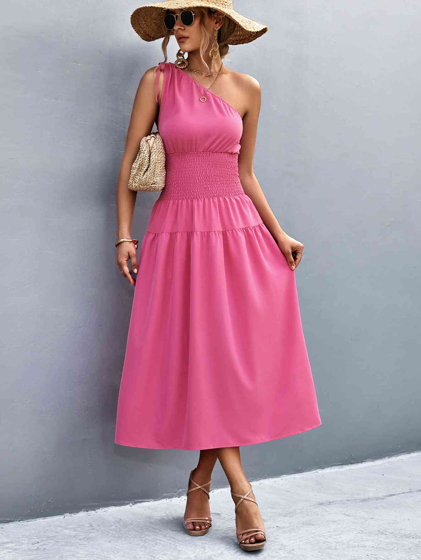 Out-Shine | Asymmetrical One Shoulder Smocked Waist Midi Dress