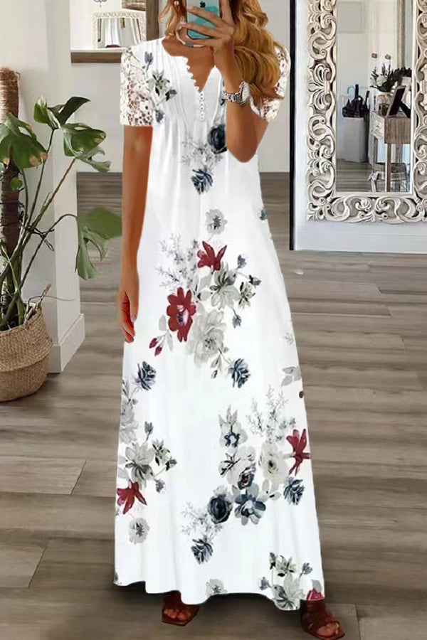 Out-Shine | Boho Floral V-neck Button Lace Sleeve Vacation Beach Maxi Dress