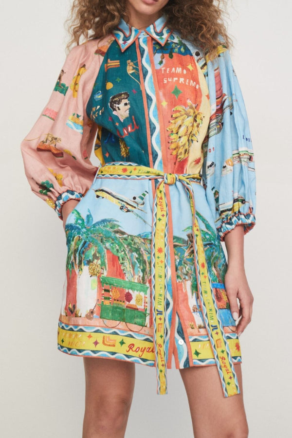 Out-Shine | Blend Unique Print Balloon Sleeve Belted Pocket Shirt Mini Dress