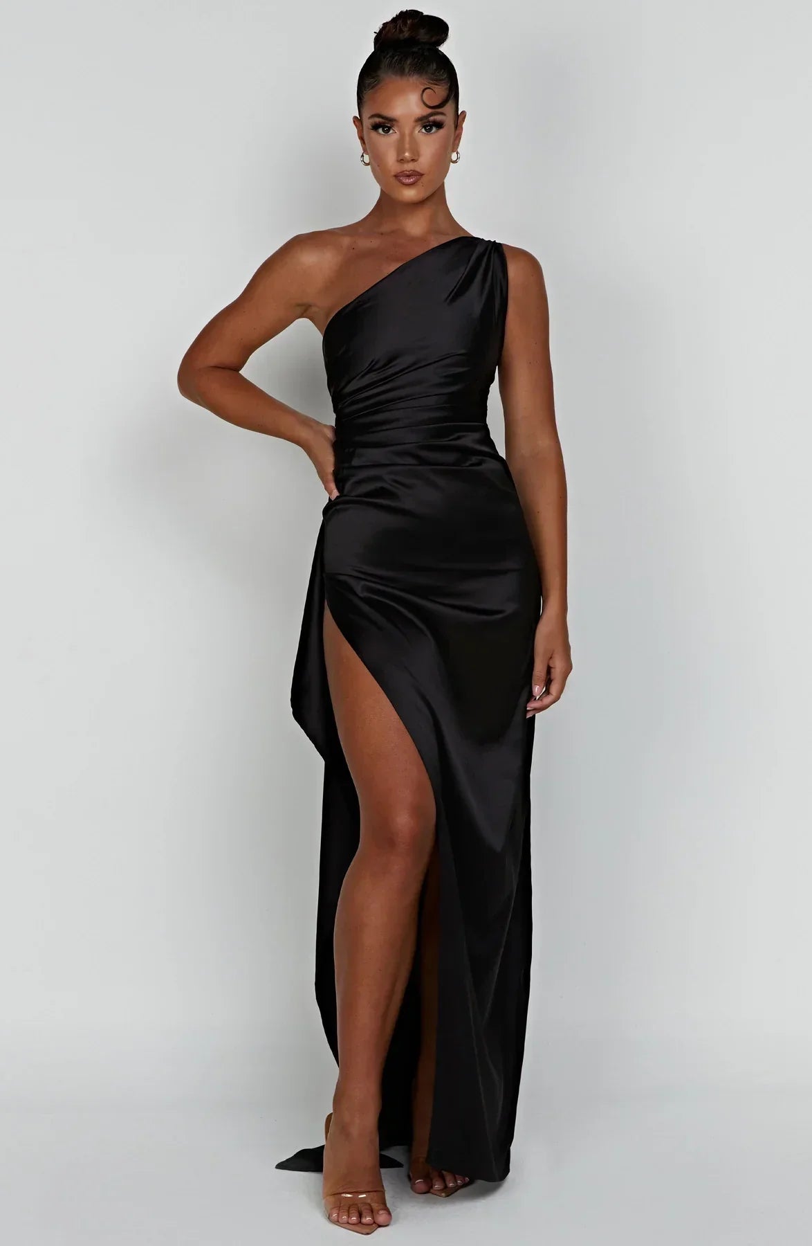Out-Shine | One Shoulder Pleated Split Satin Dress