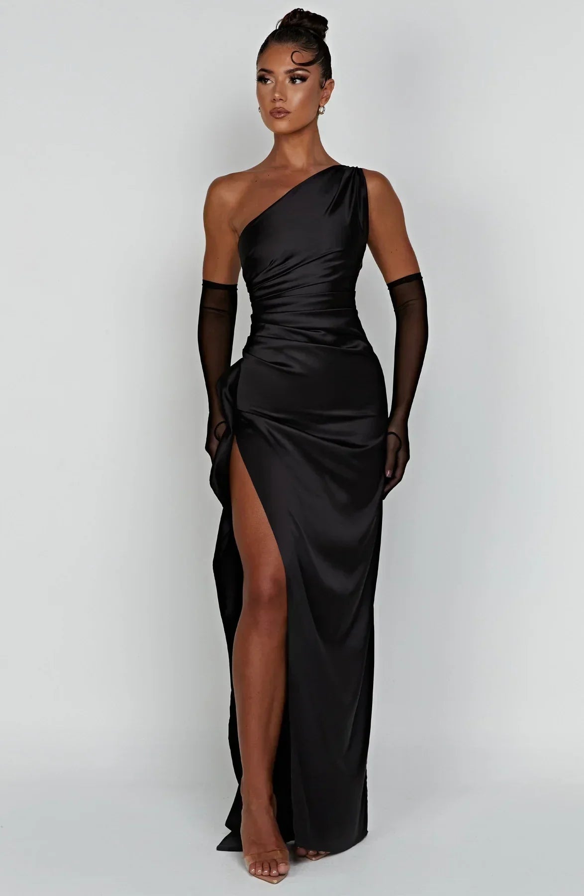 Out-Shine | One Shoulder Pleated Split Satin Dress