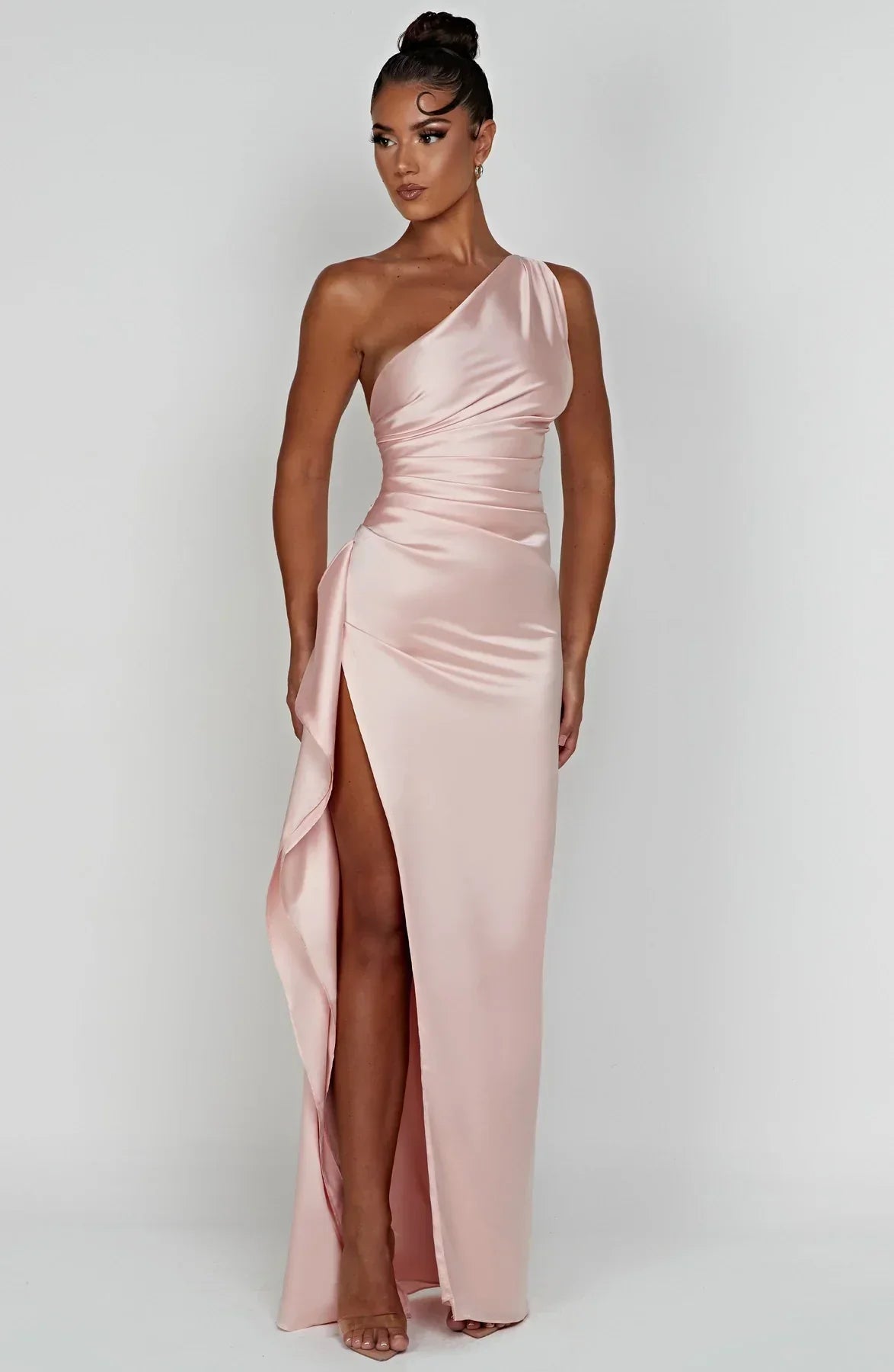 Out-Shine | One Shoulder Pleated Split Satin Dress