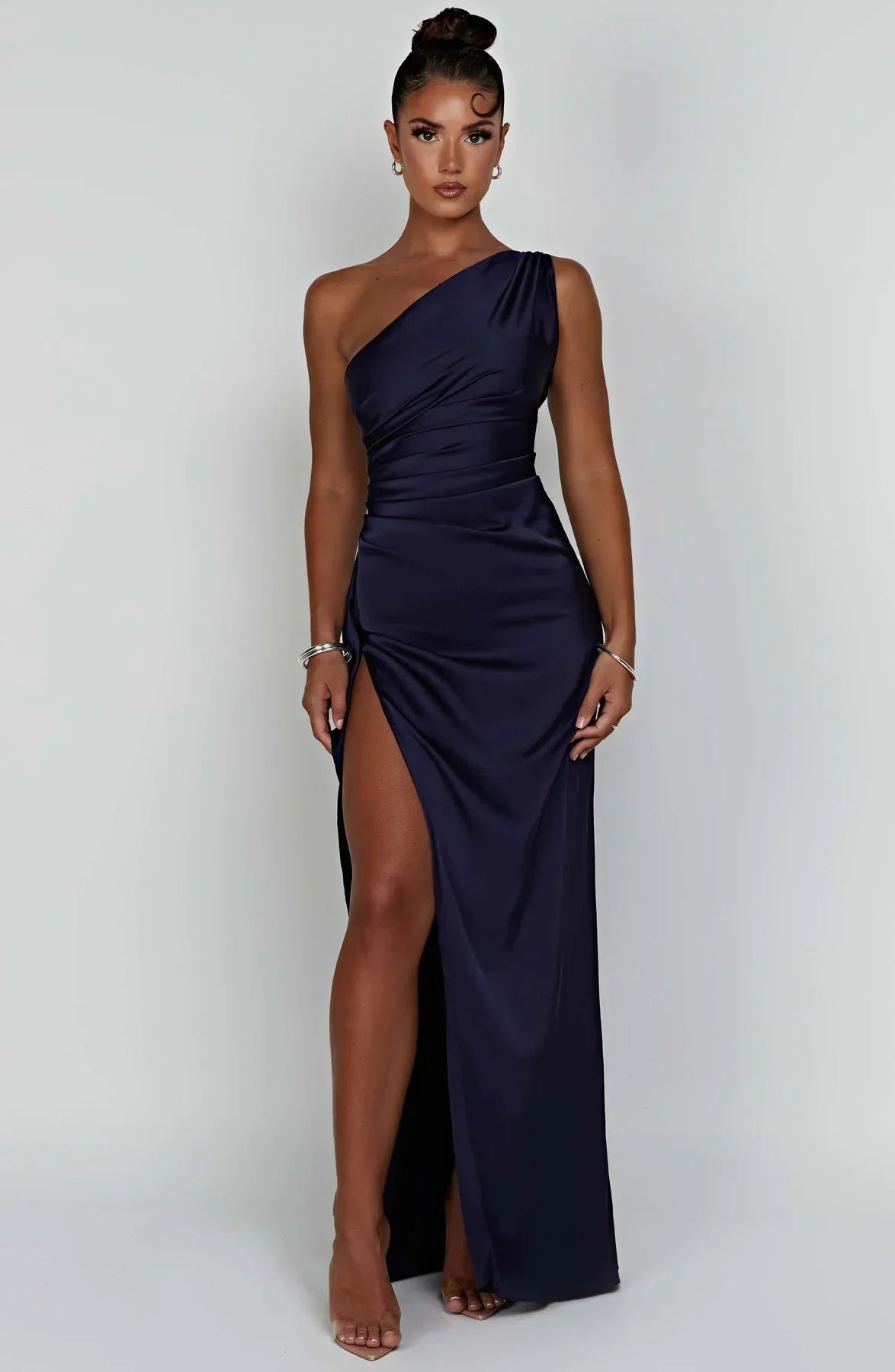 Out-Shine | One Shoulder Pleated Split Satin Dress