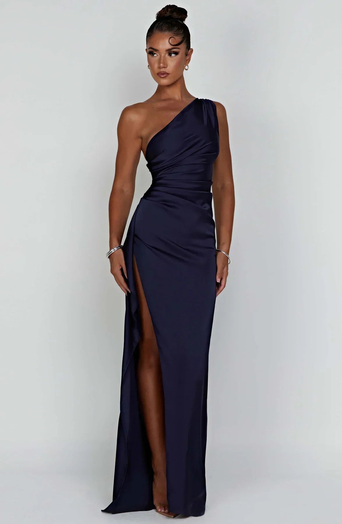 Out-Shine | One Shoulder Pleated Split Satin Dress