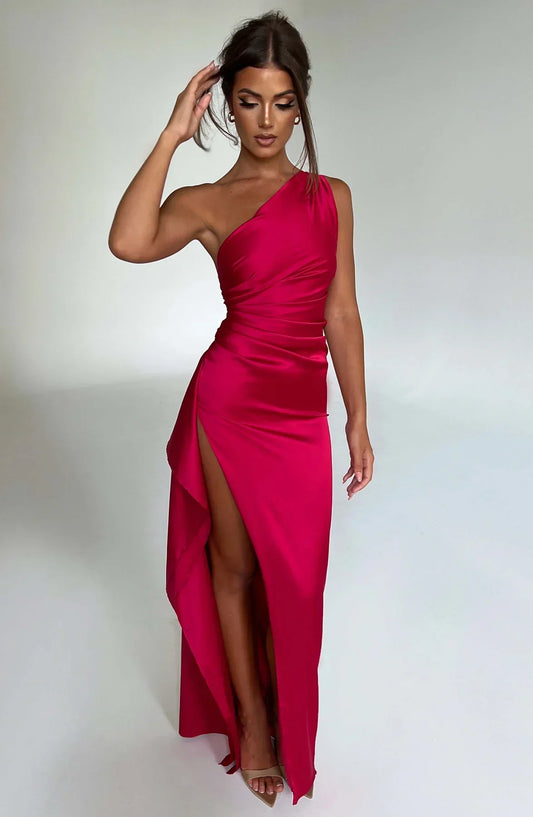Out-Shine | One Shoulder Pleated Split Satin Dress