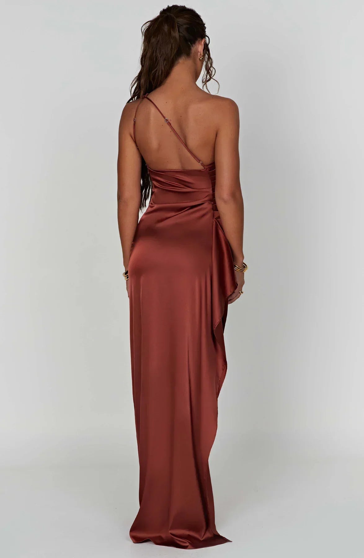 Out-Shine | One Shoulder Pleated Split Satin Dress