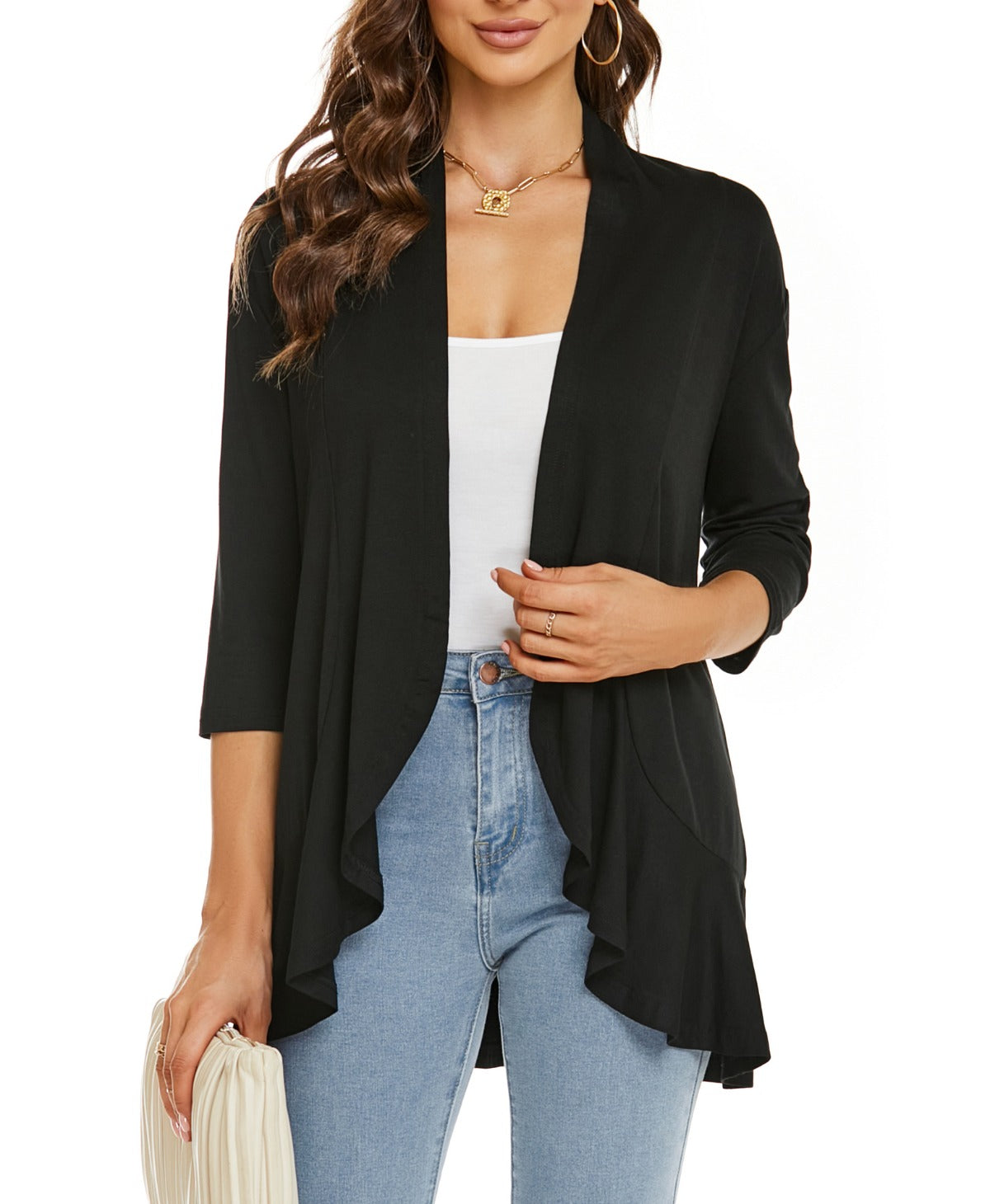 Out-Shine | Single color cardigan with seven quarter sleeves and ruffle border