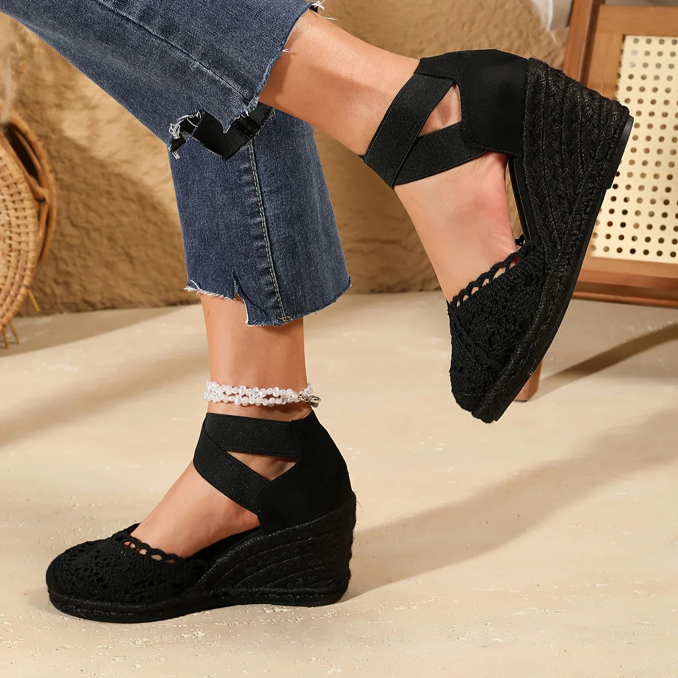 Out-Shine | Elegant Wedge Sandals With Crochet Lace