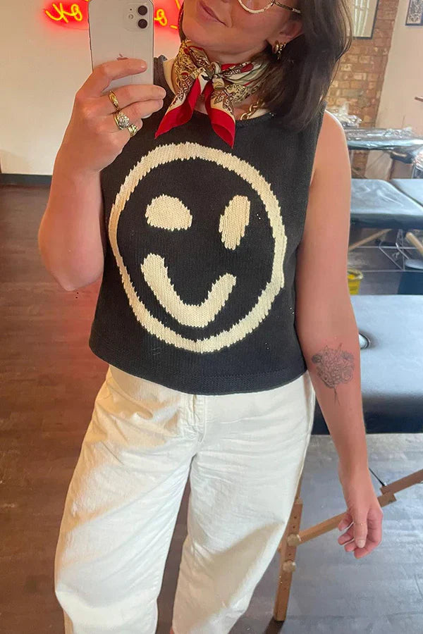 Out-Shine | Happy Face Knit Unique Pattern Versatile Loose Tank Top