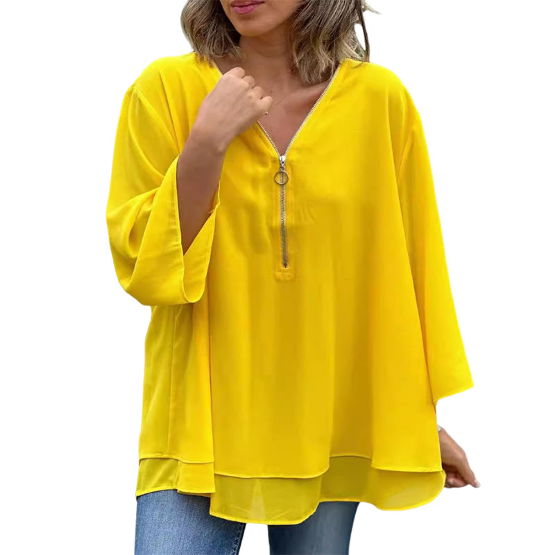 Out-Shine | Chiffon zipper top with V-neck