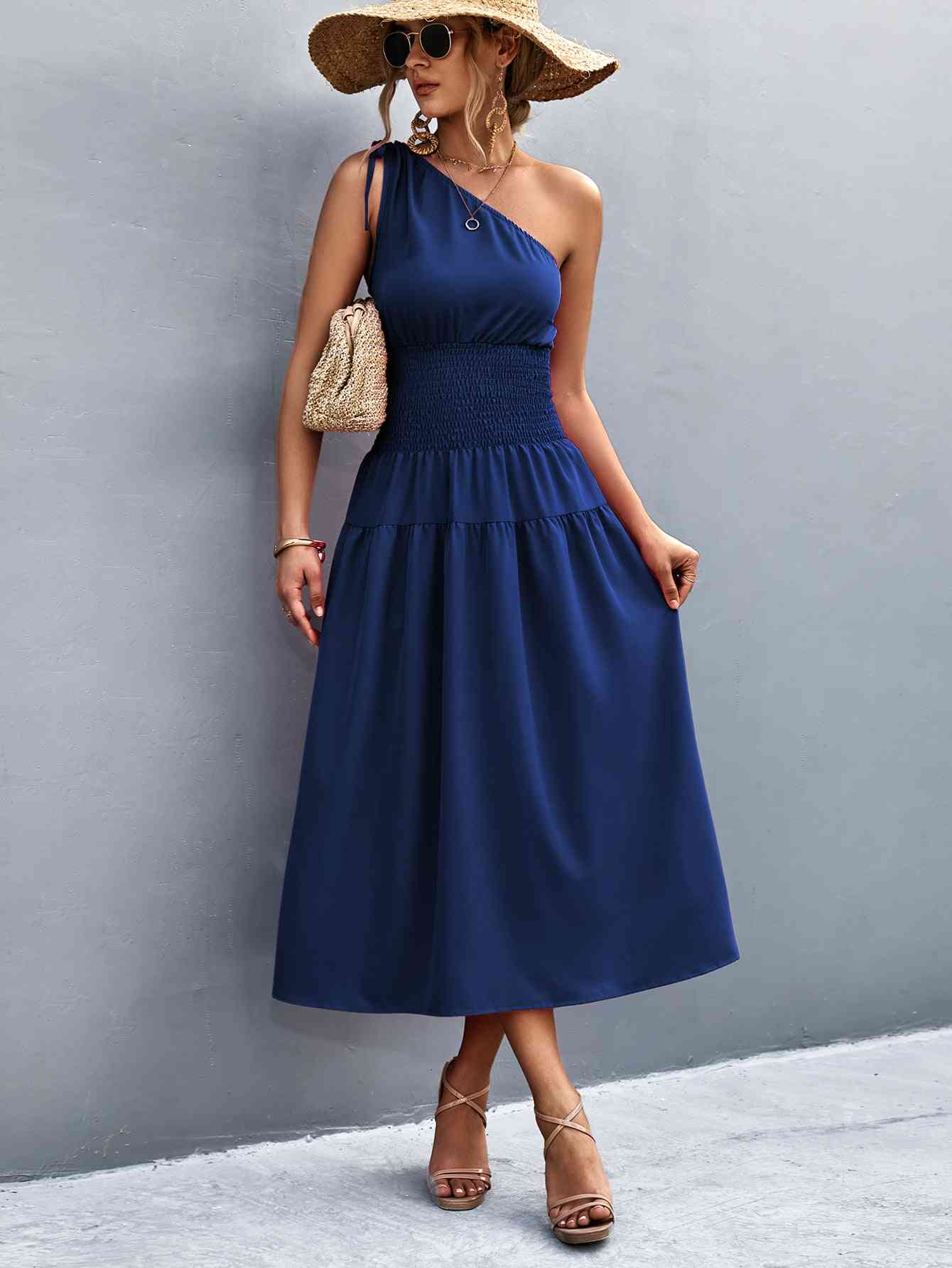 Out-Shine | Asymmetrical One Shoulder Smocked Waist Midi Dress