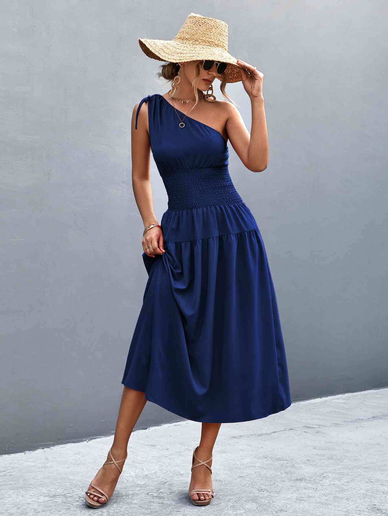 Out-Shine | Asymmetrical One Shoulder Smocked Waist Midi Dress