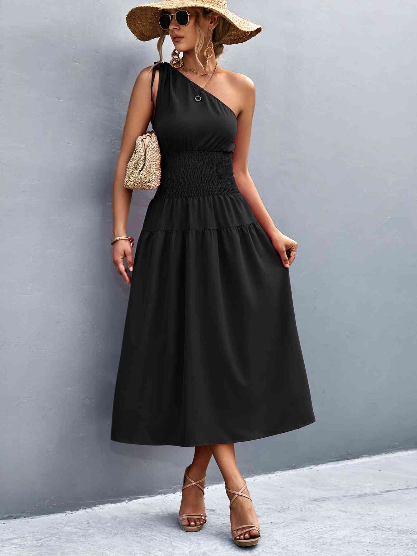 Out-Shine | Asymmetrical One Shoulder Smocked Waist Midi Dress