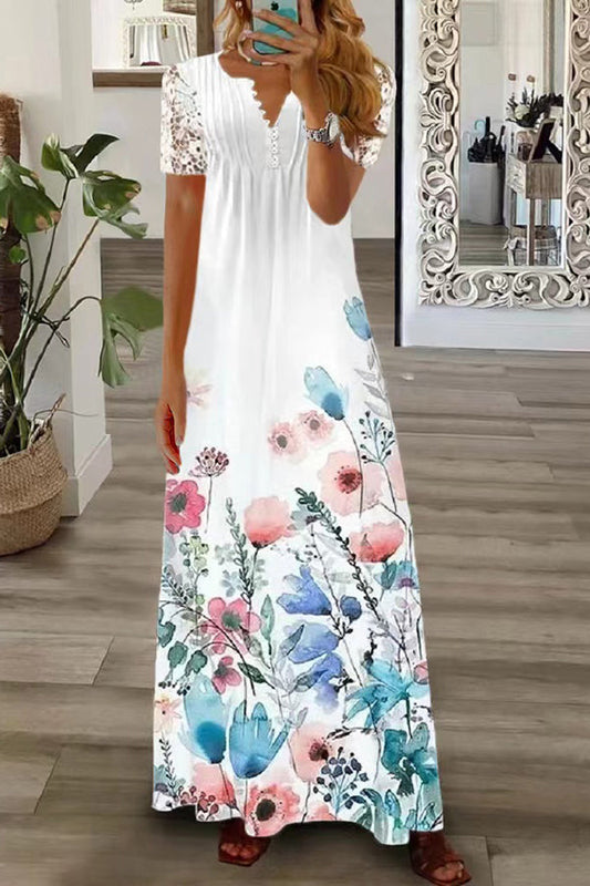 Out-Shine | Boho Floral V-neck Button Lace Sleeve Vacation Beach Maxi Dress