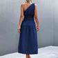 Out-Shine | Asymmetrical One Shoulder Smocked Waist Midi Dress