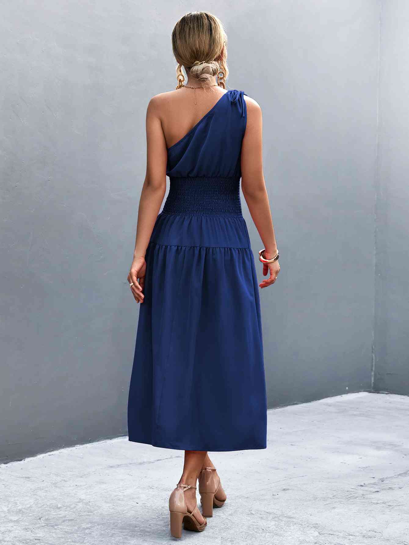 Out-Shine | Asymmetrical One Shoulder Smocked Waist Midi Dress