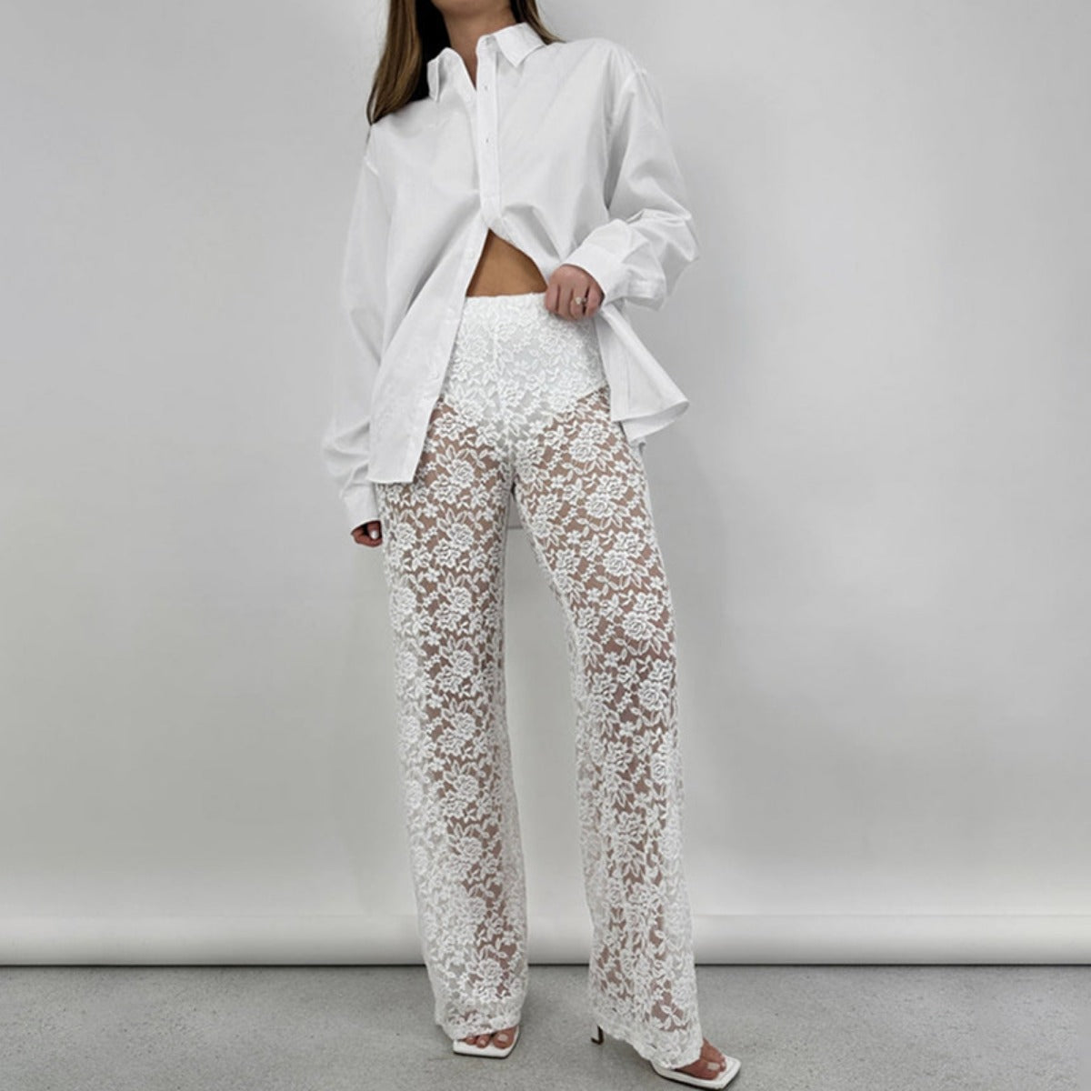 Out-Shine | Lace perspective high waist splice long straight pants