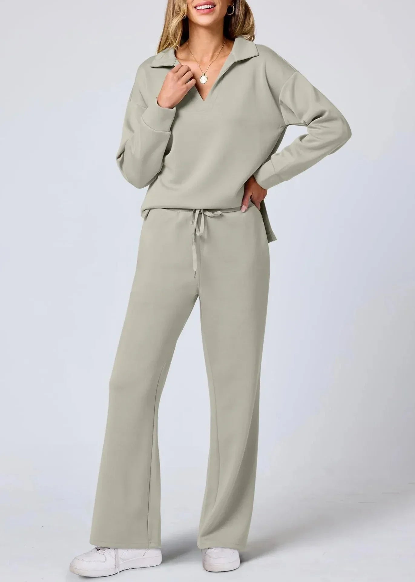 Out-Shine | Collar Pullover & Wide-Leg Pants Set