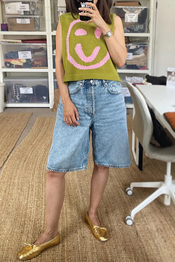 Out-Shine | Happy Face Knit Unique Pattern Versatile Loose Tank Top