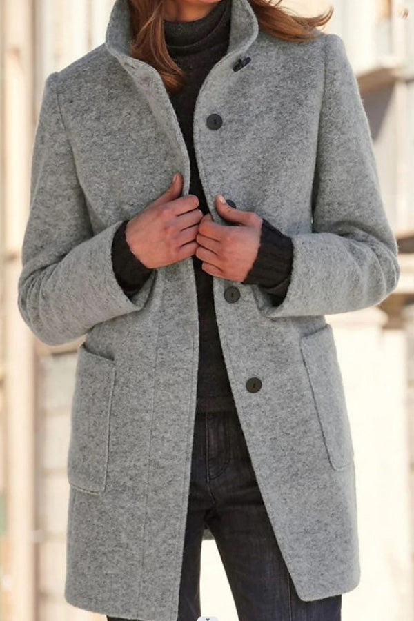 Out-Shine | Solid Color Button Stand Collar Wool Jacket