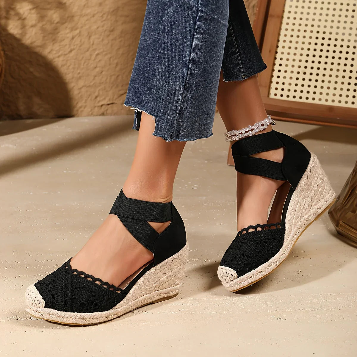 Out-Shine | Elegant Wedge Sandals With Crochet Lace