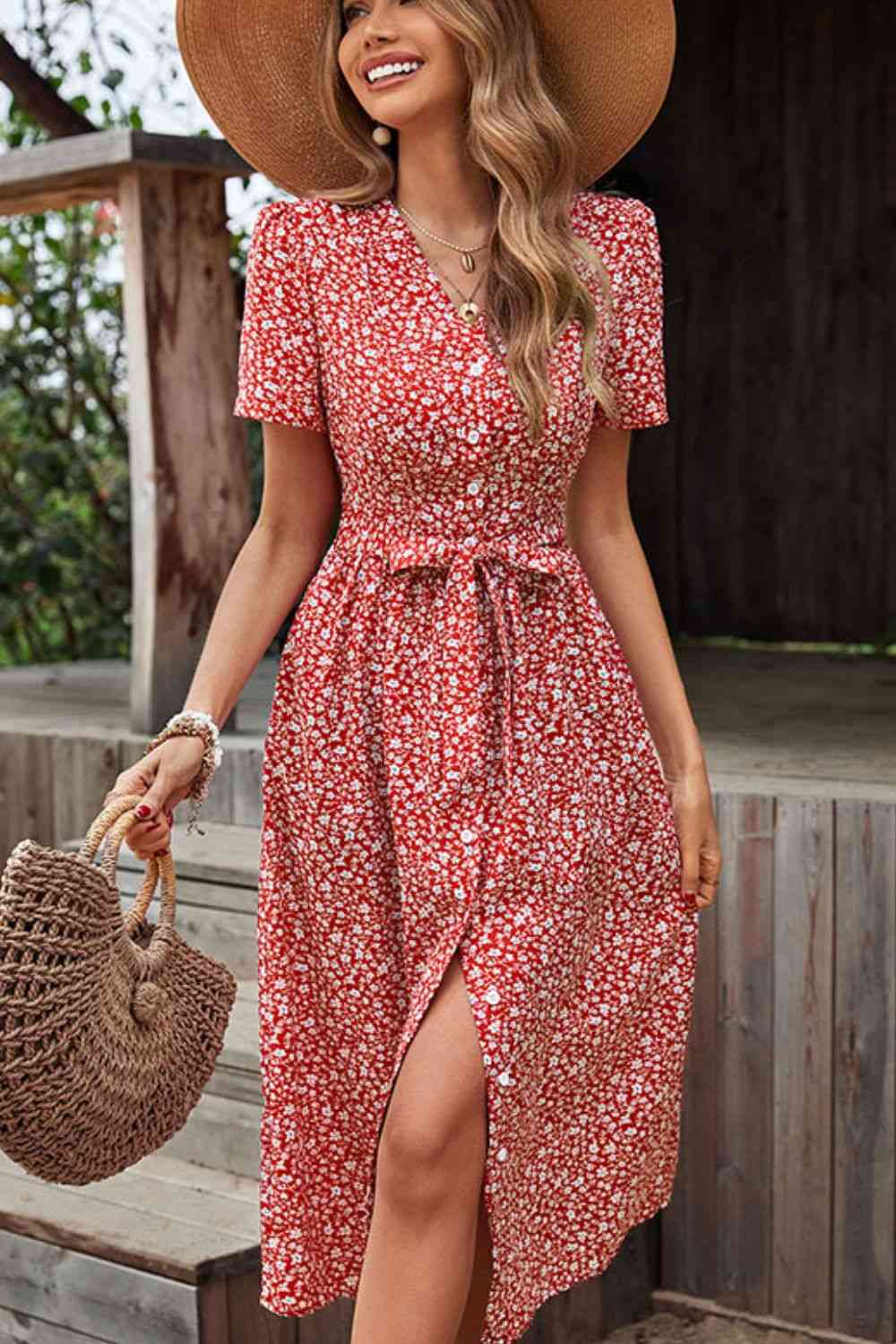 Out-Shine | Floral Button - Front Pleated Short - Sleeve Dress
