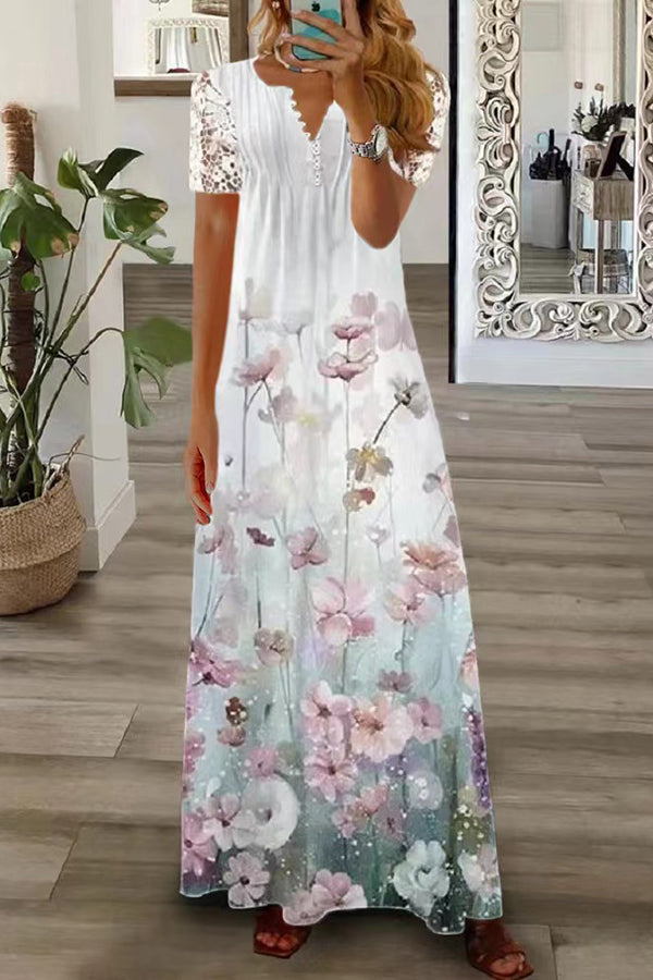 Out-Shine | Boho Floral V-neck Button Lace Sleeve Vacation Beach Maxi Dress