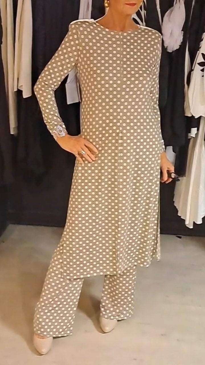 Out-Shine | Women's Round Neck Long Sleeve Polka Dot Print Suit