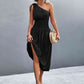 Out-Shine | Asymmetrical One Shoulder Smocked Waist Midi Dress