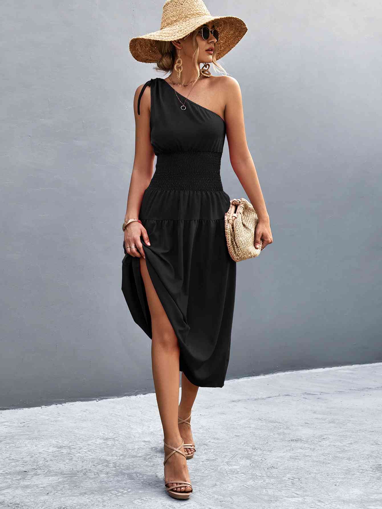 Out-Shine | Asymmetrical One Shoulder Smocked Waist Midi Dress