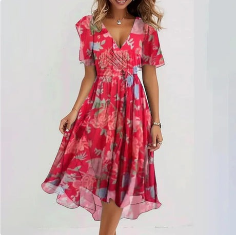 Out-Shine | Flower V-Neck Dress With A Flowing Skirt For Women