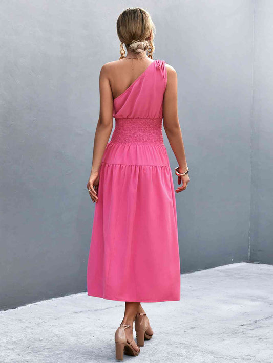 Out-Shine | Asymmetrical One Shoulder Smocked Waist Midi Dress