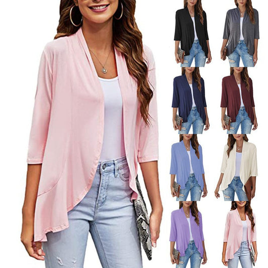 Out-Shine | Single color cardigan with seven quarter sleeves and ruffle border