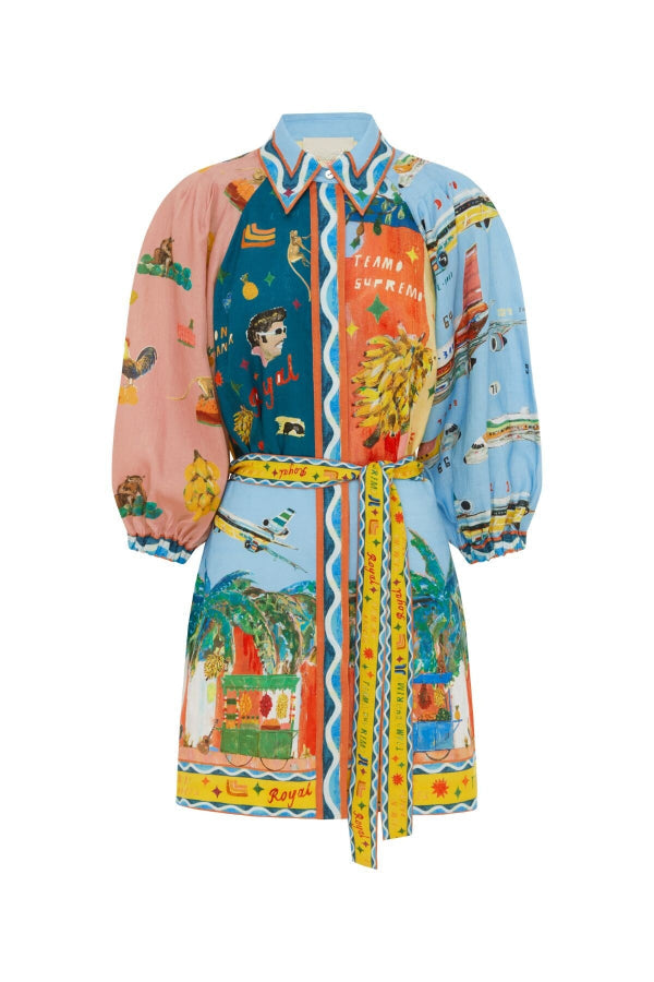 Out-Shine | Blend Unique Print Balloon Sleeve Belted Pocket Shirt Mini Dress
