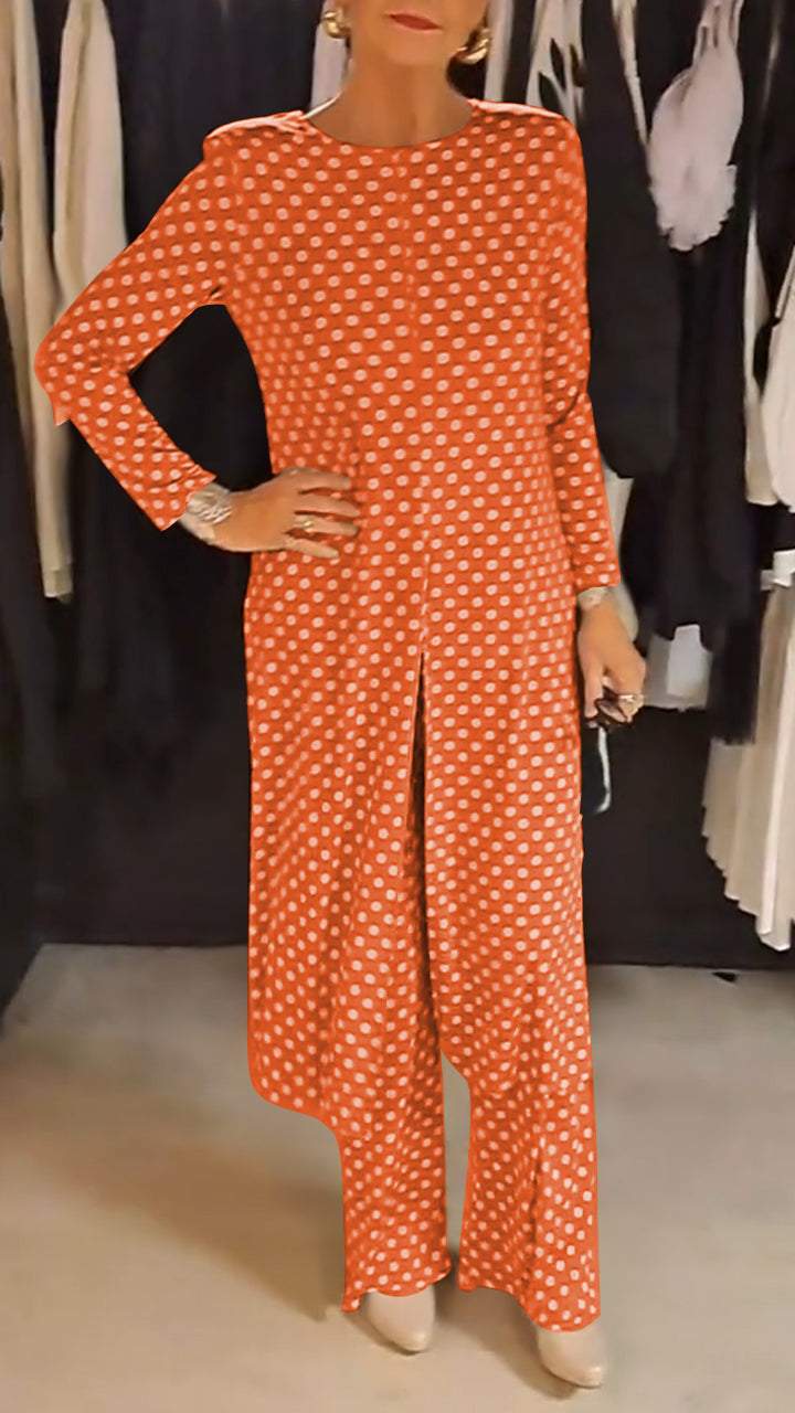 Out-Shine | Women's Round Neck Long Sleeve Polka Dot Print Suit