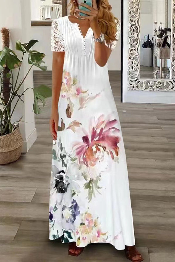 Out-Shine | Boho Floral V-neck Button Lace Sleeve Vacation Beach Maxi Dress