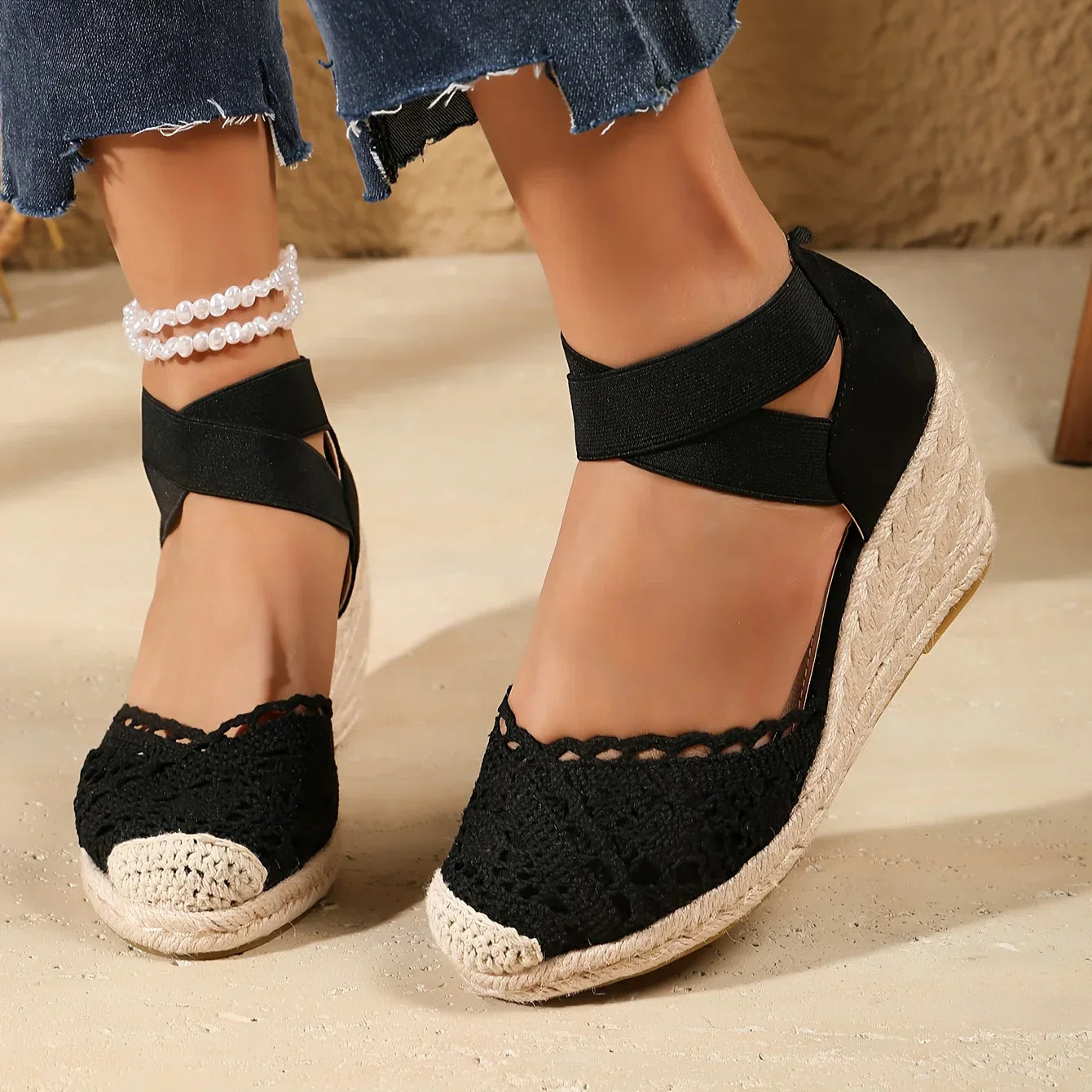 Out-Shine | Elegant Wedge Sandals With Crochet Lace