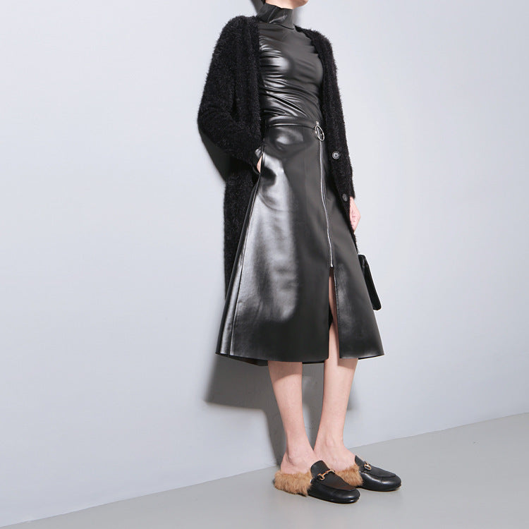 Out-Shine | Black leather sweater with high collar