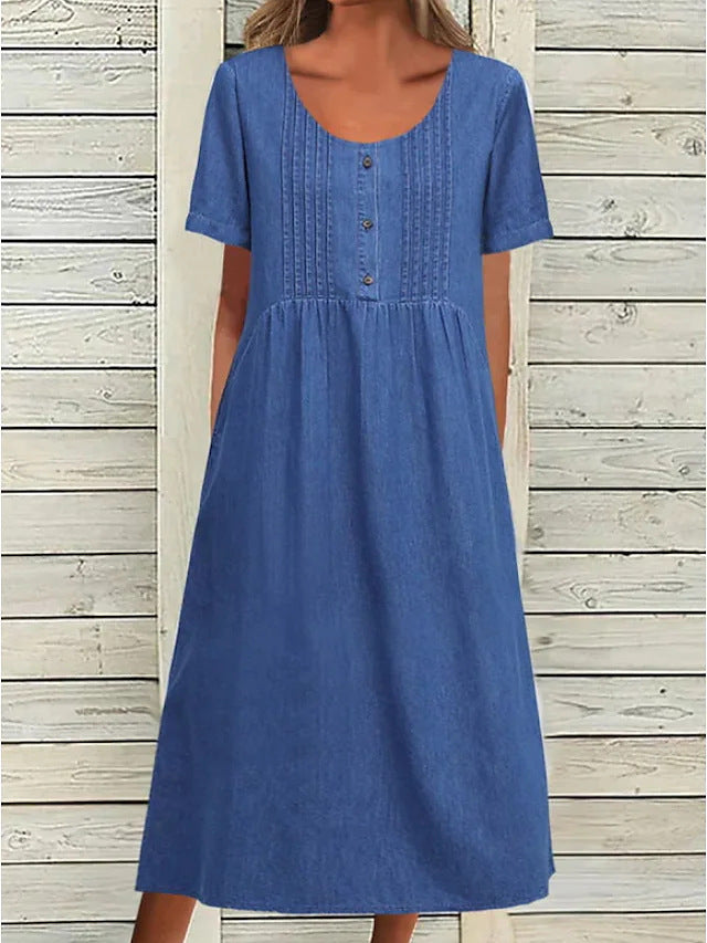 Out-Shine | Shaped Collar Mid-Length Elegant Denim Short Sleeve Dress
