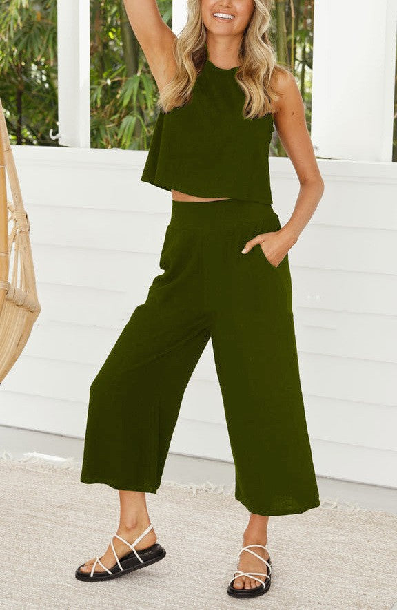 Out-Shine | Sleeveless Buckle Vest With Double Pocket Wide Leg Pants Suit