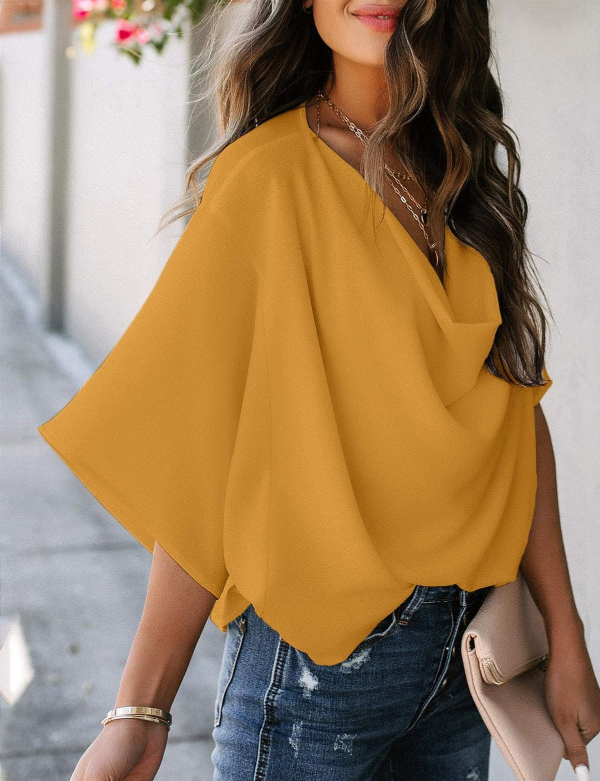 Out-Shine | Chiffon shirt with V neckline