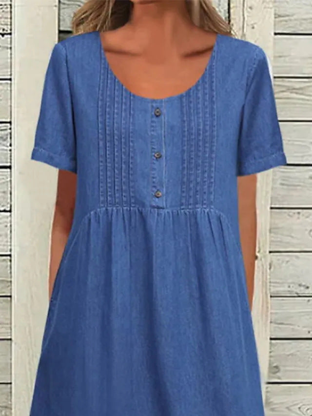 Out-Shine | Shaped Collar Mid-Length Elegant Denim Short Sleeve Dress