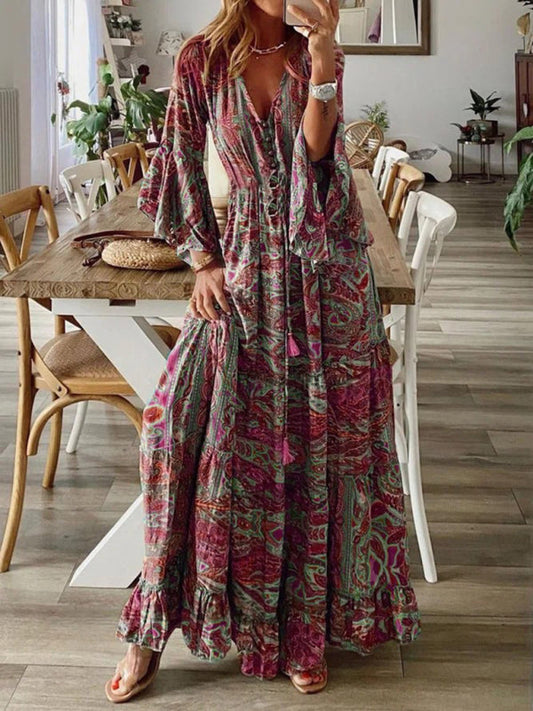 Deslumbra | Vestido largo de mujer con estampado bohemio cachemir y mangas acampanadas