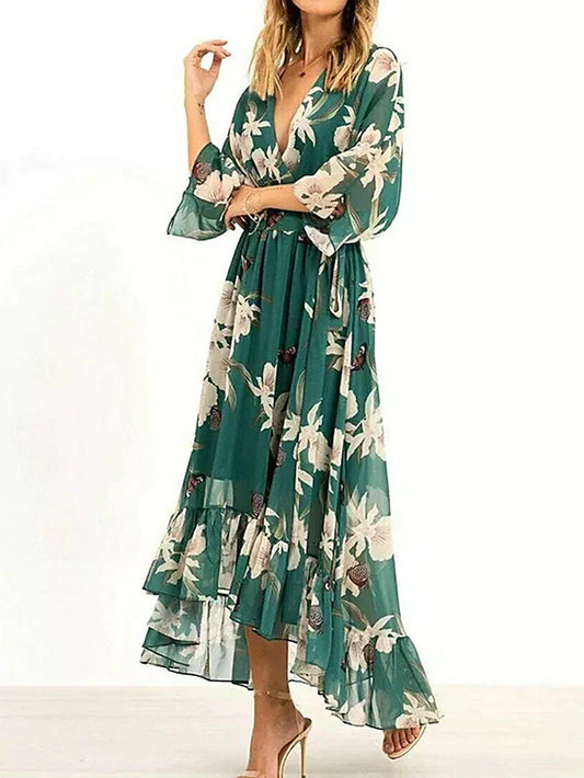 Out-Shine | Dress Green With 3/4 Sleeves And V-Neck