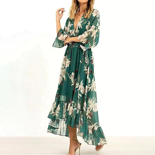 Out-Shine | Dress Green With 3/4 Sleeves And V-Neck